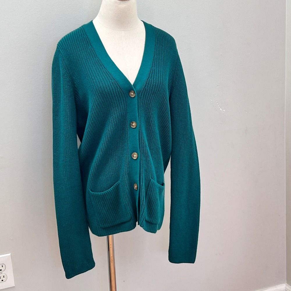 Lands End Drifter Cardigan Sweater Womens Small Tall Emerald Green Cotton Knit